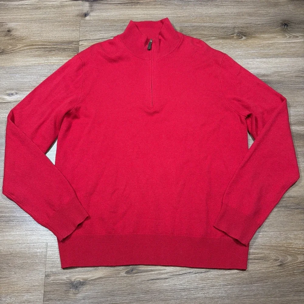 Polo Ralph Lauren Men's LARGE 100% Merino Wool Red Quarter 1/4 Zip Knit Sweater